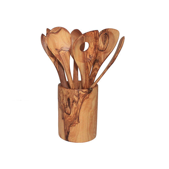 Pot à Ustensiles Rond En Bois D'Olivier DAGDEG - Porte-Brosse à Dents Ou Porte-Stylo - Diamètre 8 X 15 Cm - Fabriqué à La Main