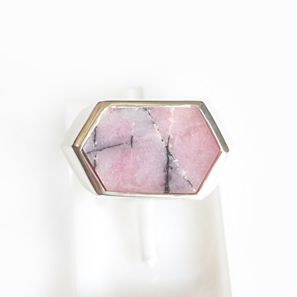 SILVER HEXAGON GEM RING-rhodochrosite