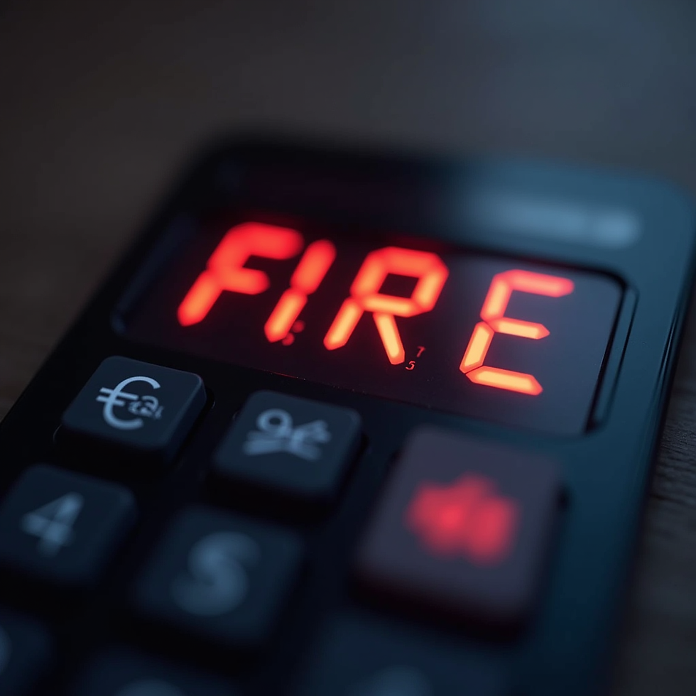 A calculator displays "FIRE" in red LED. Black buttons are visible with currency and percentage symbols. Background is blurred.