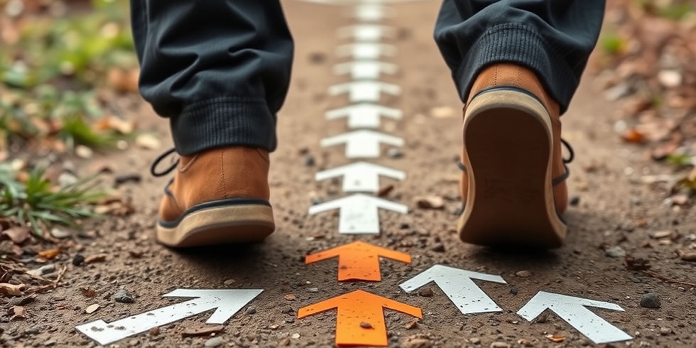 Footprints on a road that splits into two directions, marking a choice between paths