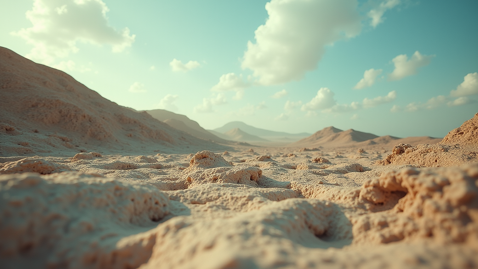 Eye-level view of a surreal landscape with distorted proportions