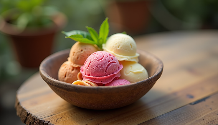 Eye-level view of a scoop of homemade gelato in a rustic bowl on a wooden table