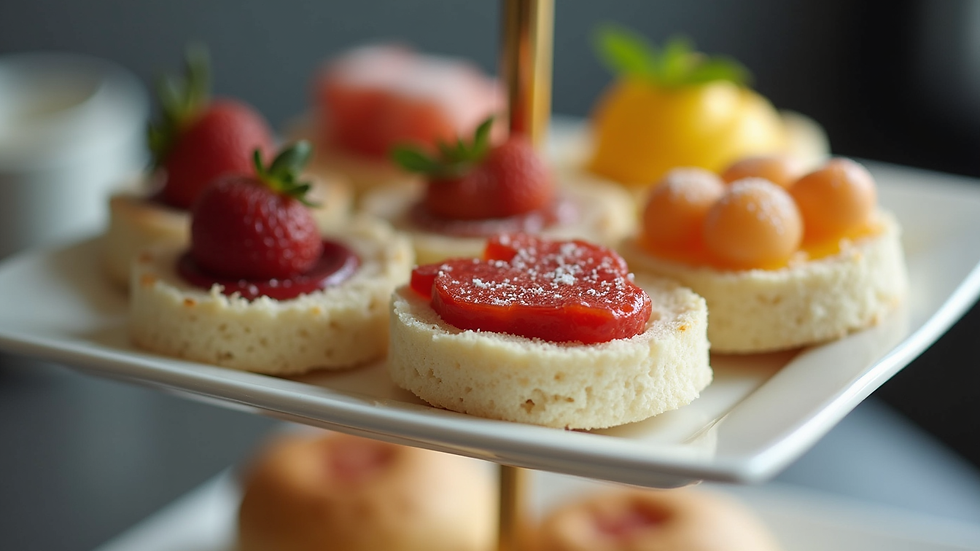 Close-up view of a tiered tray with assorted finger sandwiches and pastries