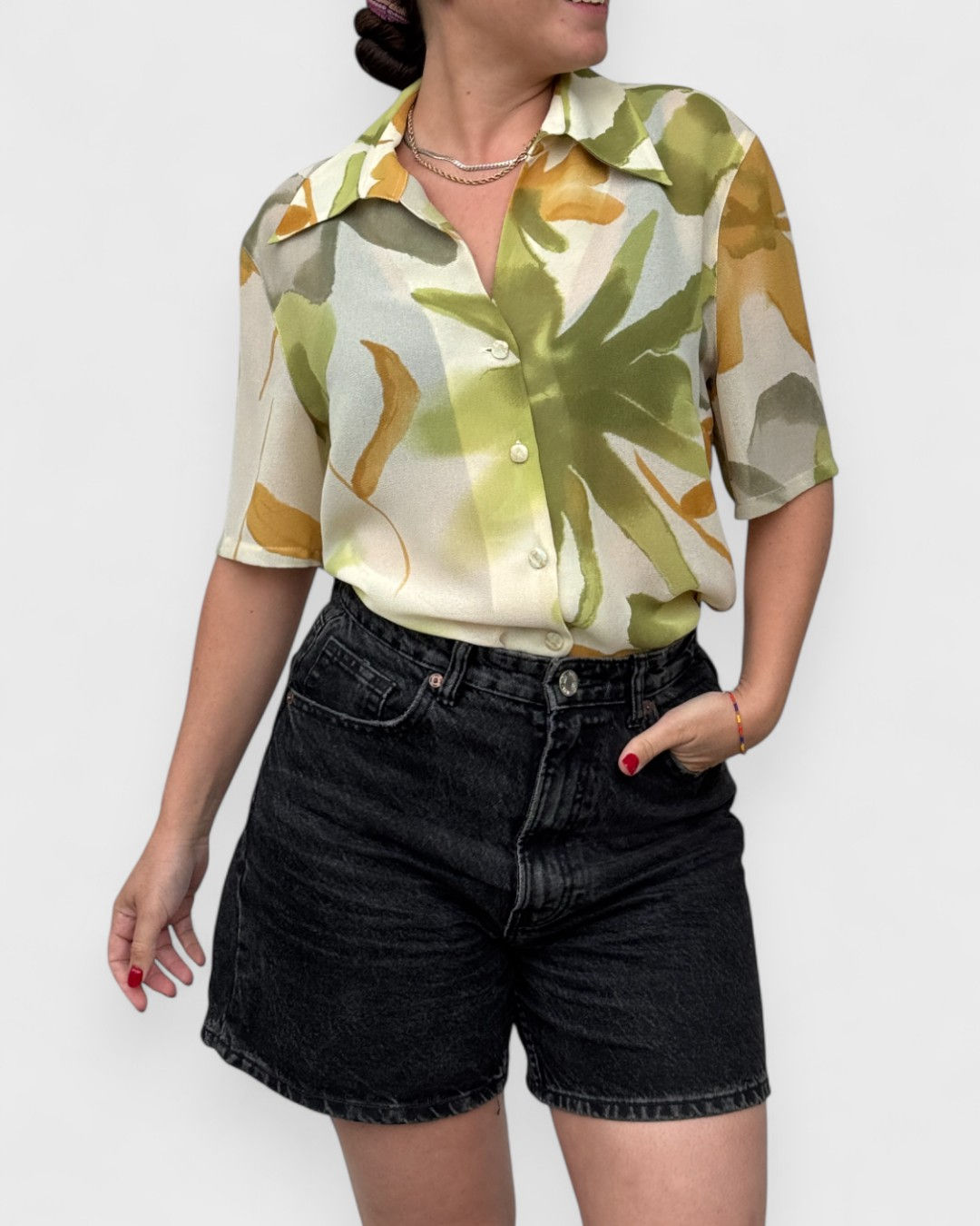 Chemise vintage vert anis imprimé abstrait en mousseline transparente