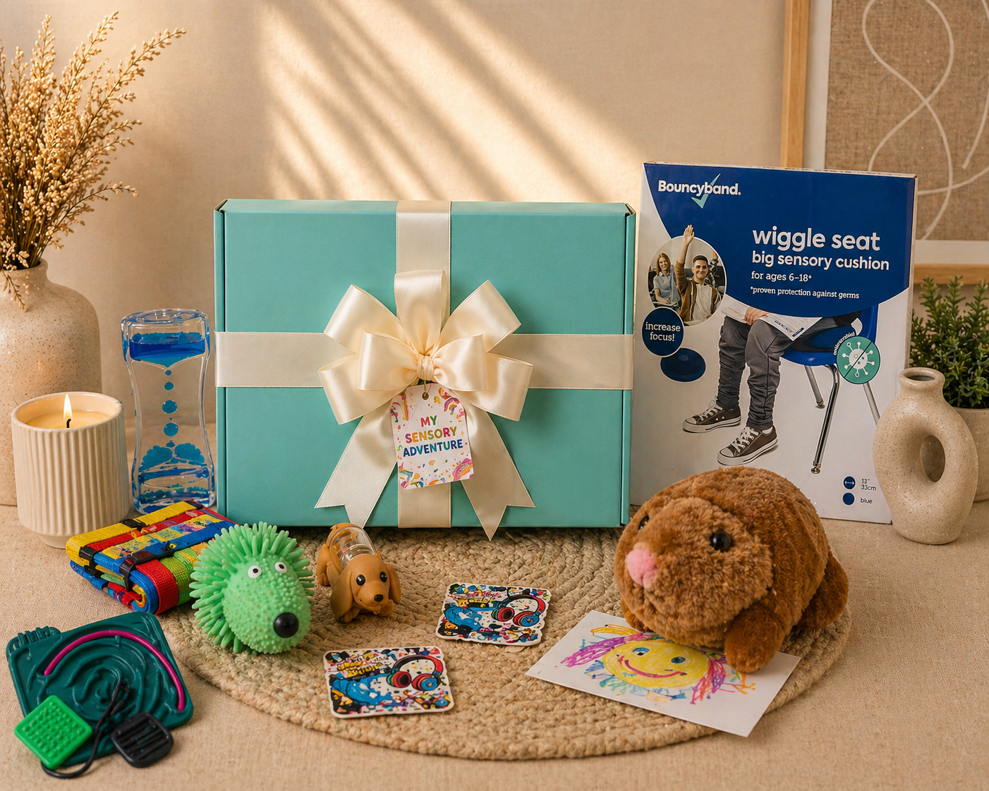 Sensory Calm Box for Kids wrapped gift box surrounded by what's inside including fidget toys, wiggle seat, stuffed plush comfort companion
