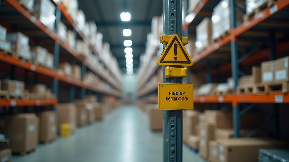 Close-up view of safety equipment and signage in a warehouse
