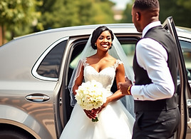 black female chauffeur standing outside of navigator opening door for wedding bride and gr
