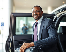 African American chauffeur loading luggage in car at airport.jpg