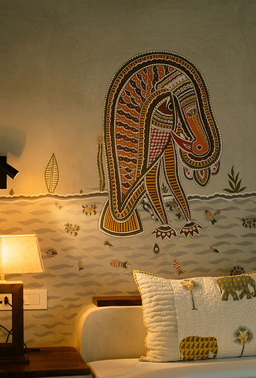 Handcrafted wall art and warm interiors at Tehla Bagh near Sariska