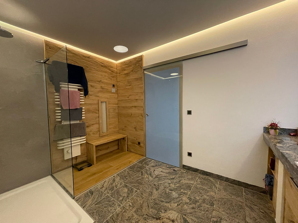 Modernes Badezimmer mit Ganzglas-Schiebetür und Holzwand.