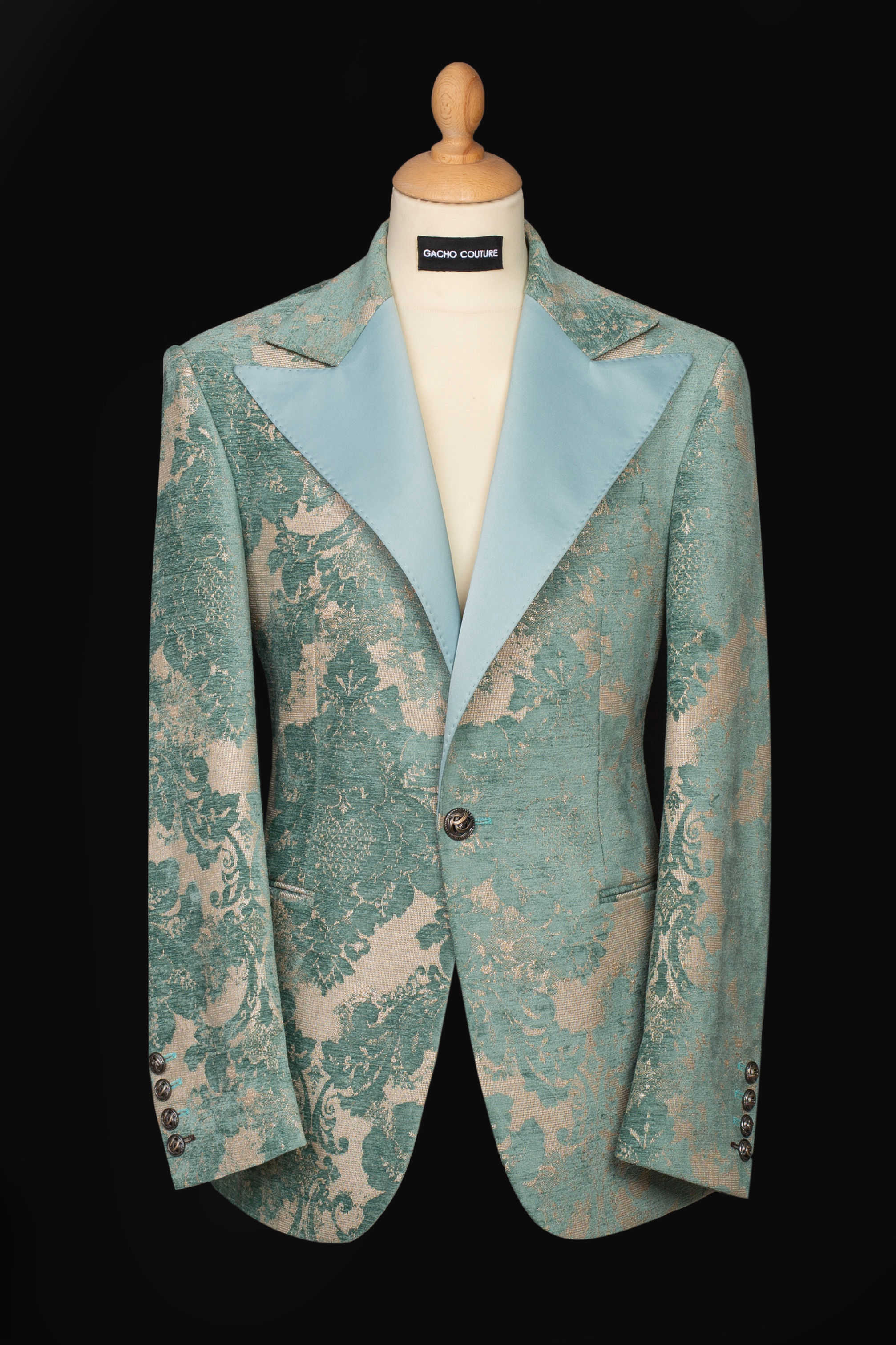 Opulent Teal Brocade Suit with Satin Peak Lapel