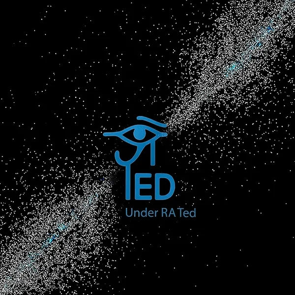 Blue Eye of Ra symbol with YED and Under RA Ted on starry background