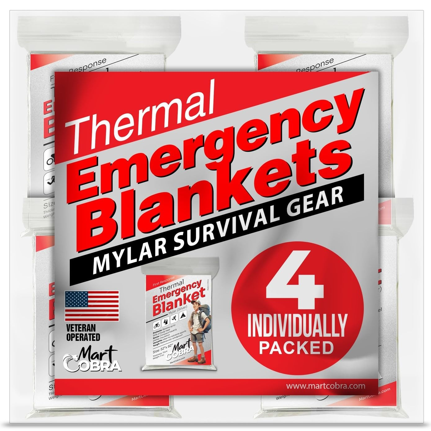 Emergency Blanket 4-Pack Space Mylar Blankets Survival Gear and Supplies Reus...