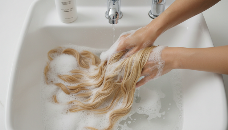 Overhead view of hair extensions being washed gently in a basin