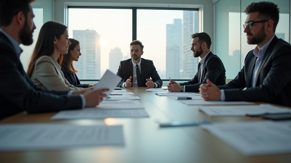 Eye-level view of a modern office meeting room with a hiring team discussing resumes