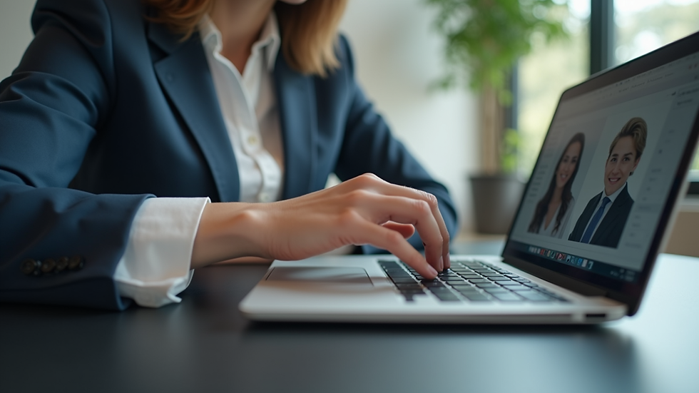 Close-up view of a recruiter reviewing candidate profiles on a laptop