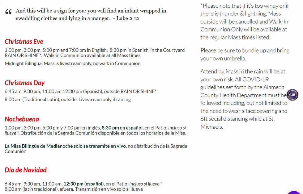 St Michael catholic Church, Livermore, CA, Christmas Schedule 2020
