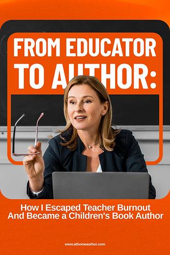 Woman holding glasses speaks animatedly, seated with a laptop. Text: "From Educator to Author: How I Escaped Teacher Burnout..." Orange and black theme.