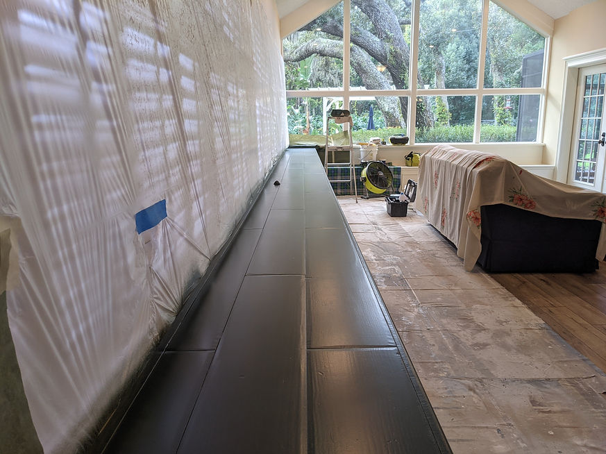 finished view of a long section of painted cabinets