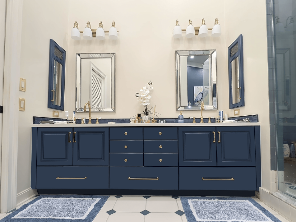 finished result on a master bath cabinet painting and remodeling project
