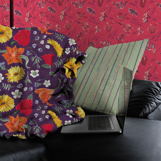 Bouquets blanket, Stem Stripes cushion and Foliage Scatter wallpaper