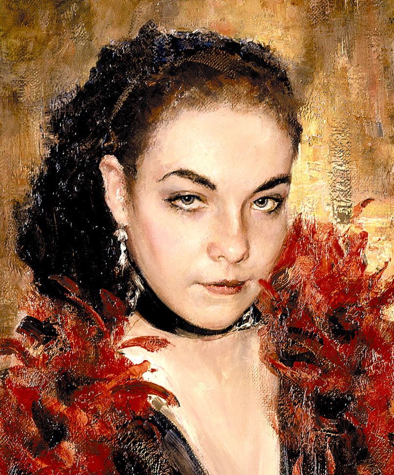 Thumbnail: Oil painting detail red feather boa texture, thick oil paint brushwork detail