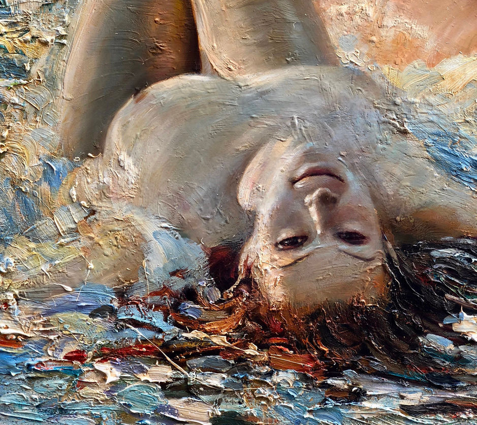 Thumbnail: The Sea Nymphs oil painting by Vladimir Mukhin close up portrait floating woman palette knife oil painting detail
