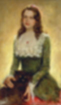 Green Reverie by Vladimir Mukhin, woman in green dress holding black cat, classical oil painting