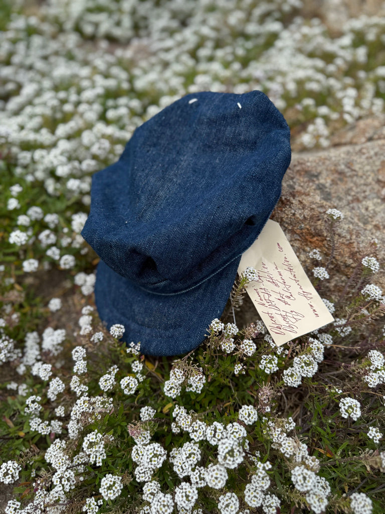 Still Afternoon, hand-constructed mechanic cap by Fly Art Atelier, natural textile composition, handmade cap California