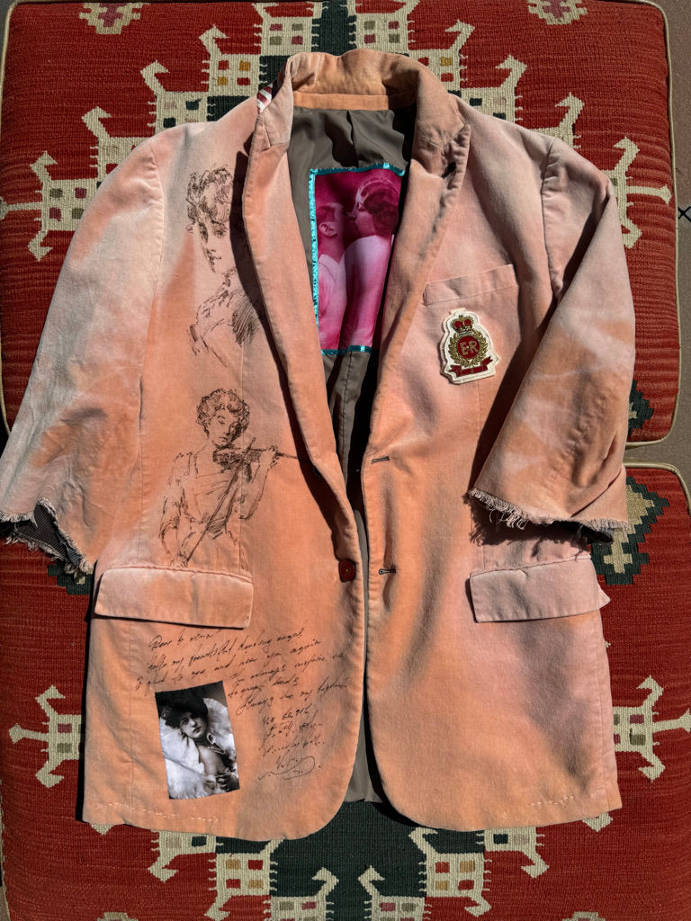 Pink velvet art blazer with violin sketch and handwritten romantic details by Fly Art Atelier.