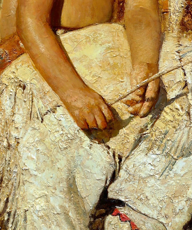 Miniatura: Detail of hands and traditional clothing in a western figurative oil painting with thick textured brushstrokes by Vladimir Mu
