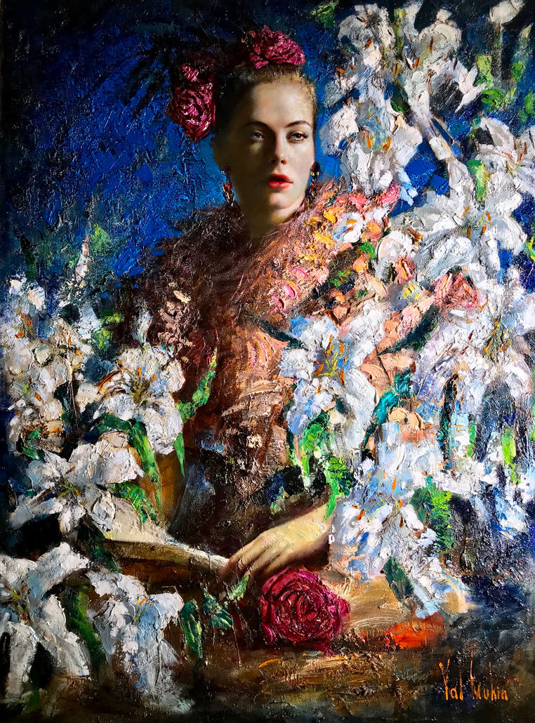 Hand embellished canvas art Midnight Lilies by Vladimir Mukhin textured oil painting edition collector piece