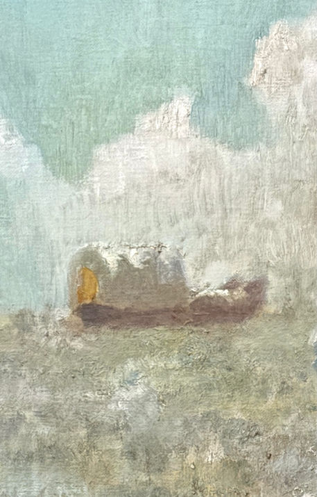 Detail from Dust and Future oil painting by Vladimir Mukhin showing distant wagon caravan crossing prairie landscape of the American frontier.