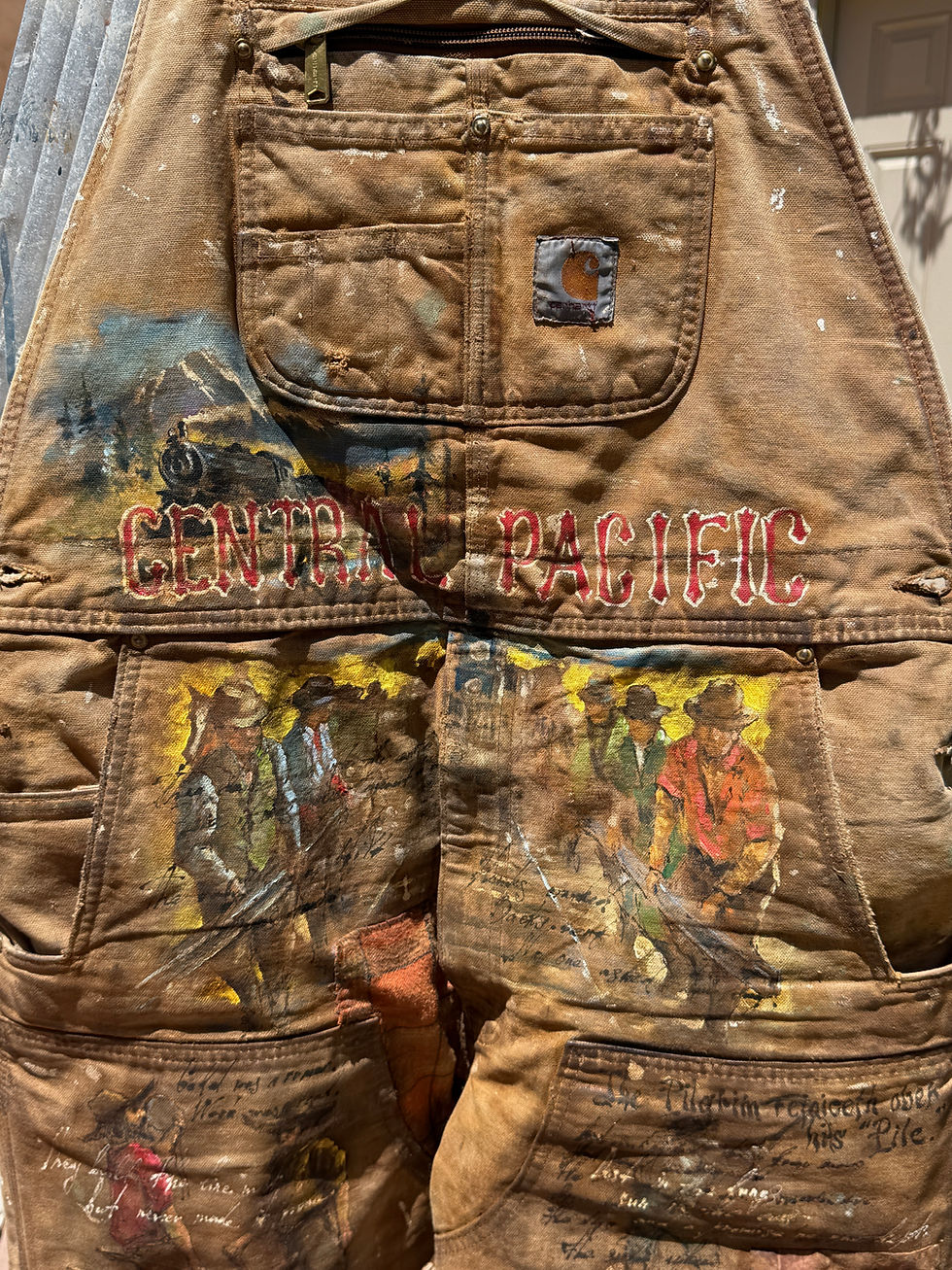 Thumbnail: waxed canvas Carhartt overalls transformed into one-of-a-kind wearable art object inspired by American West history