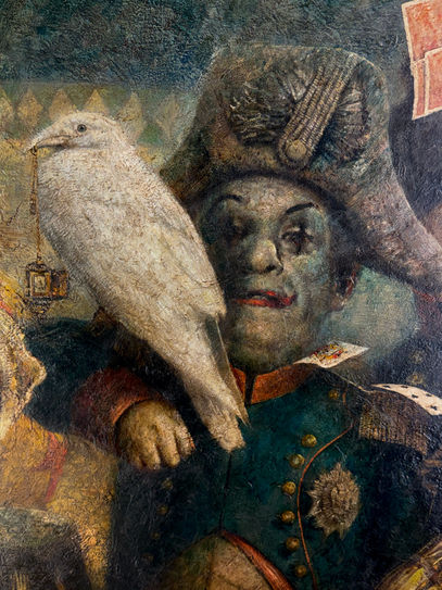 Figurative oil detail from Ephemeral Dreams by Vladimir Mukhin featuring dwarf in Napoleonic uniform with raven on shoulder, dramatic modeling and textured oil paint surface.