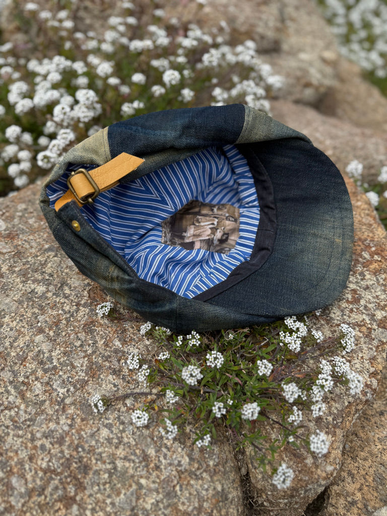 Hand-constructed six-panel cap by Fly Art Atelier, natural materials, one-of-a-kind artisan headwear