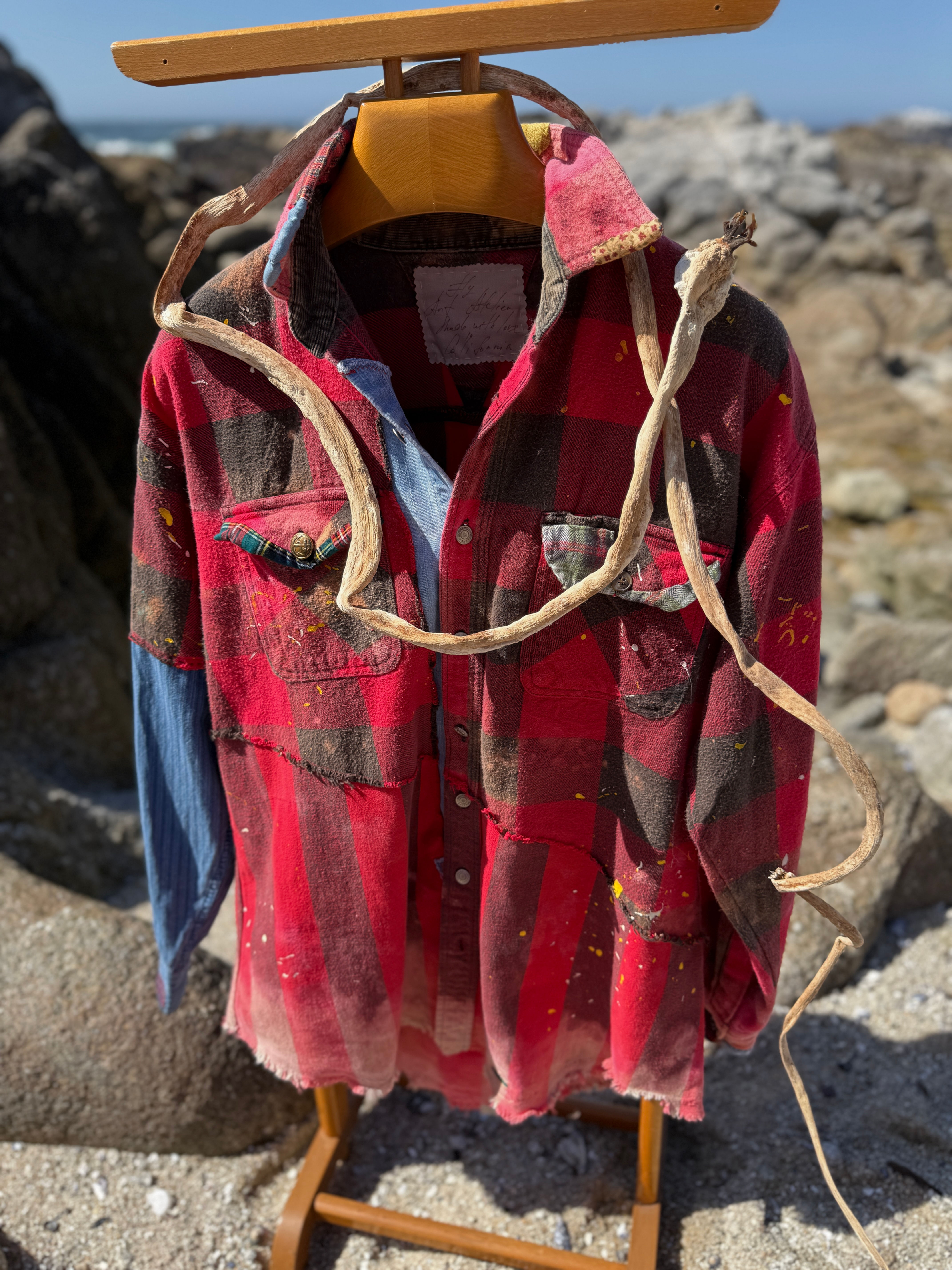 Drifter reconstructed flannel shirt Fly Art Atelier wearable art California