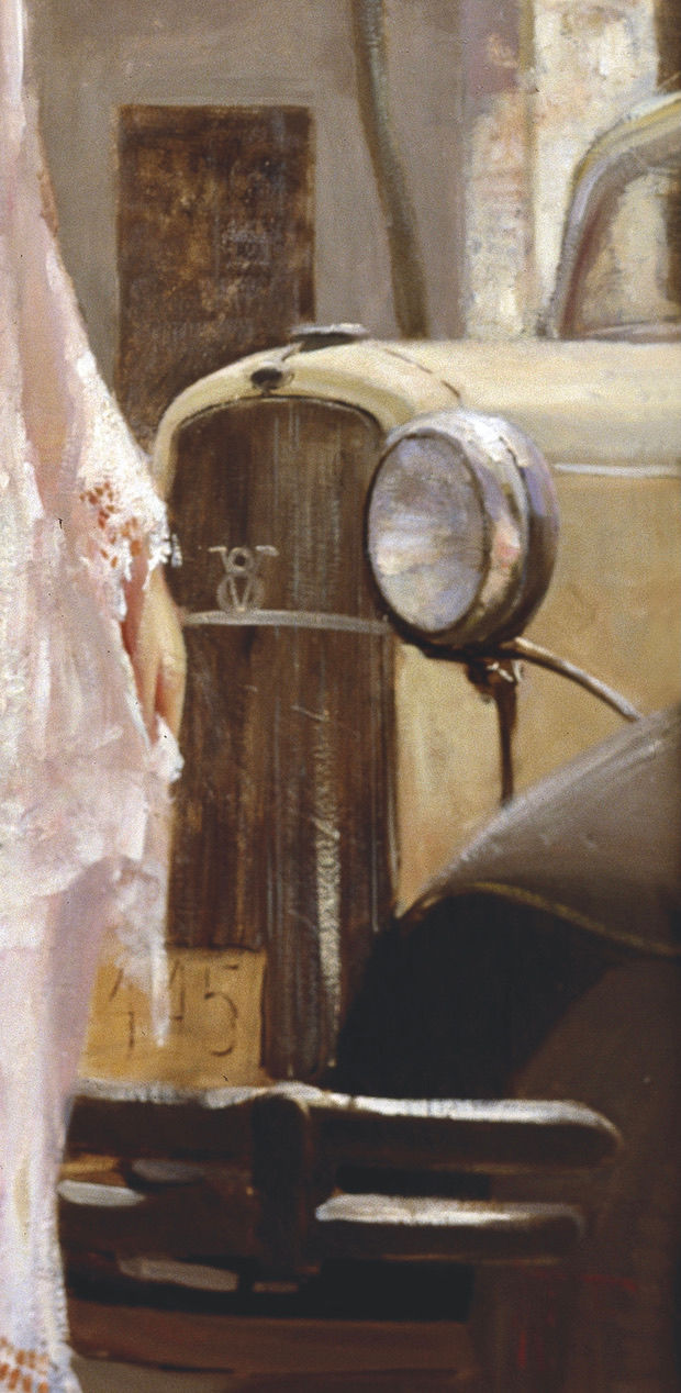 Miniaturbild: Under Quiet Sun detail, vintage car front, warm tones, textured oil painting, Vladimir Mukhin artwork