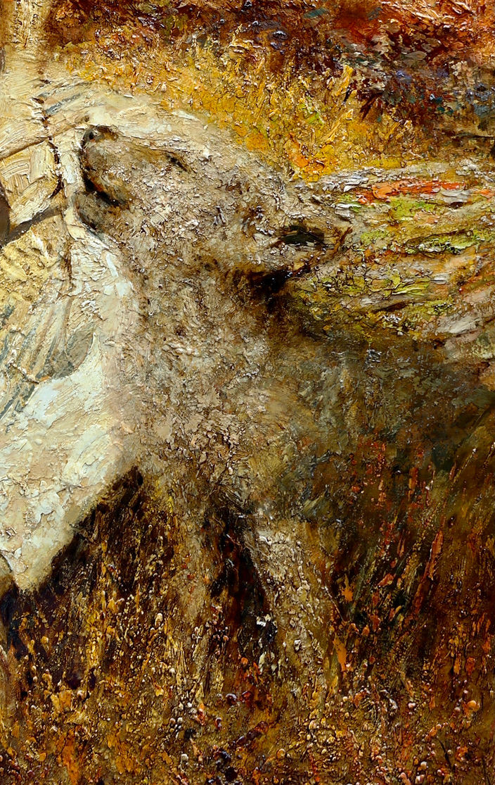 Miniatura: Wolf pup detail from a western figurative oil painting Child of the Valley by Vladimir Mukhin with textured brushwork