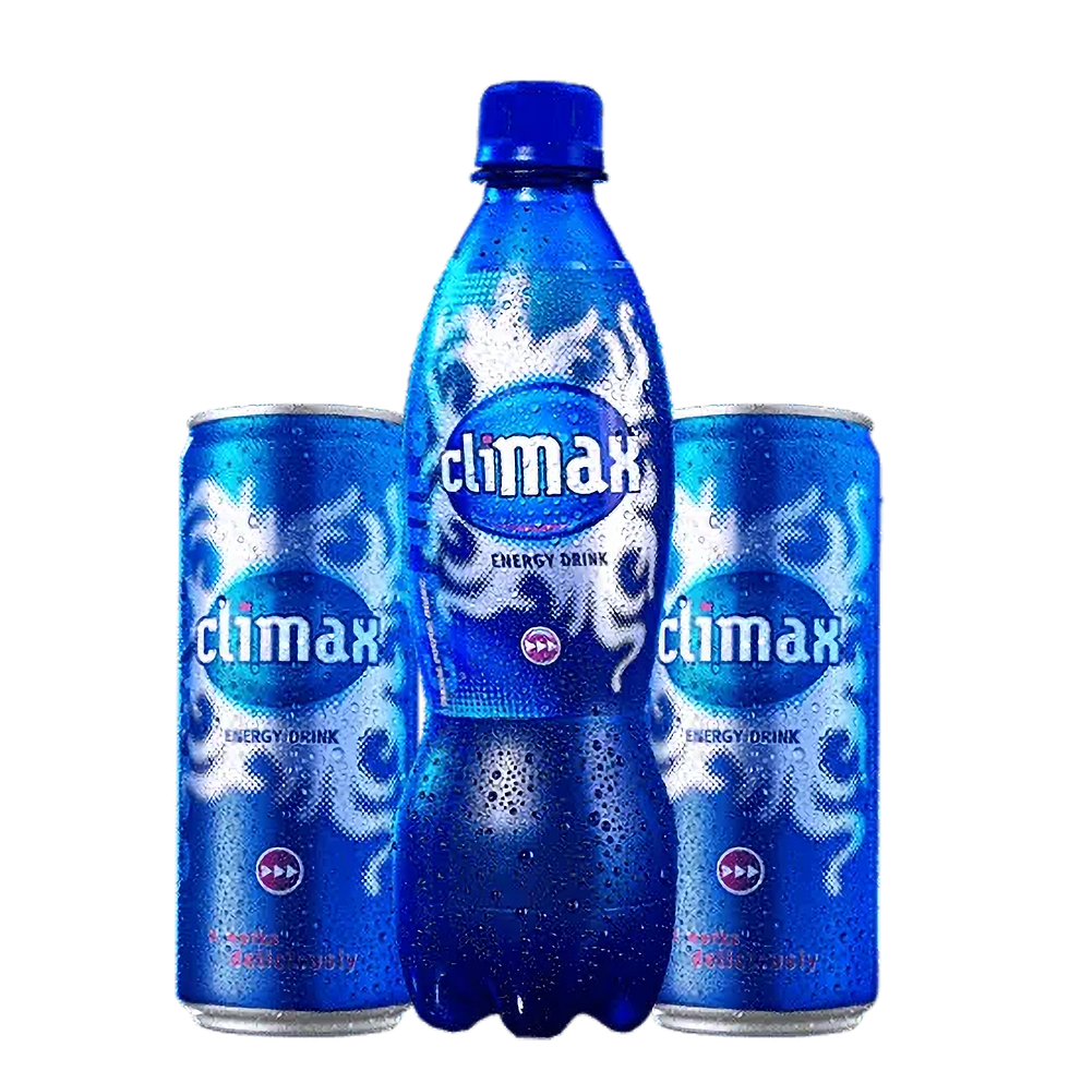 Climax energy drink in a blue plastic bottle and can
