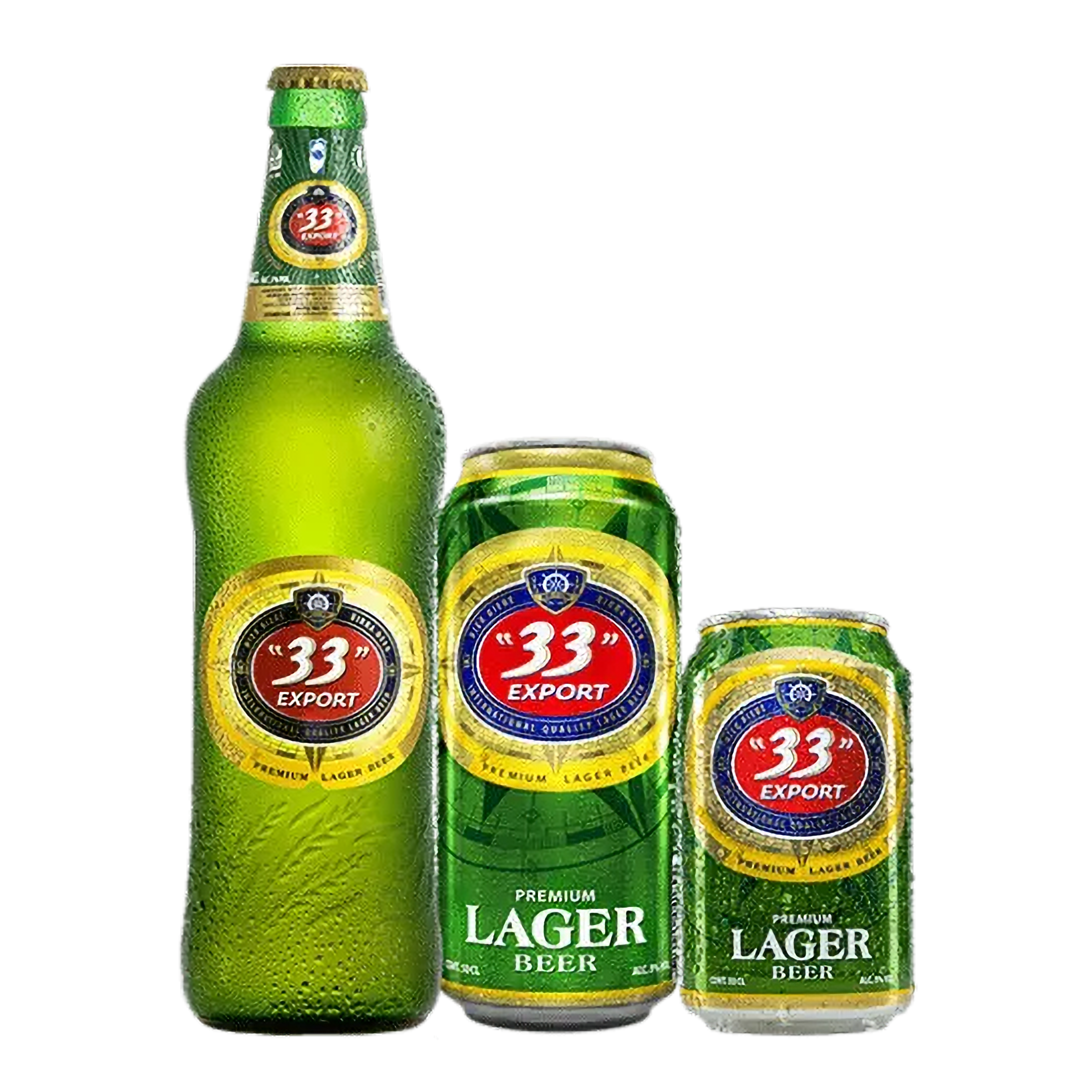 33 export lager alcoholic drink in a bottle size and can sizes