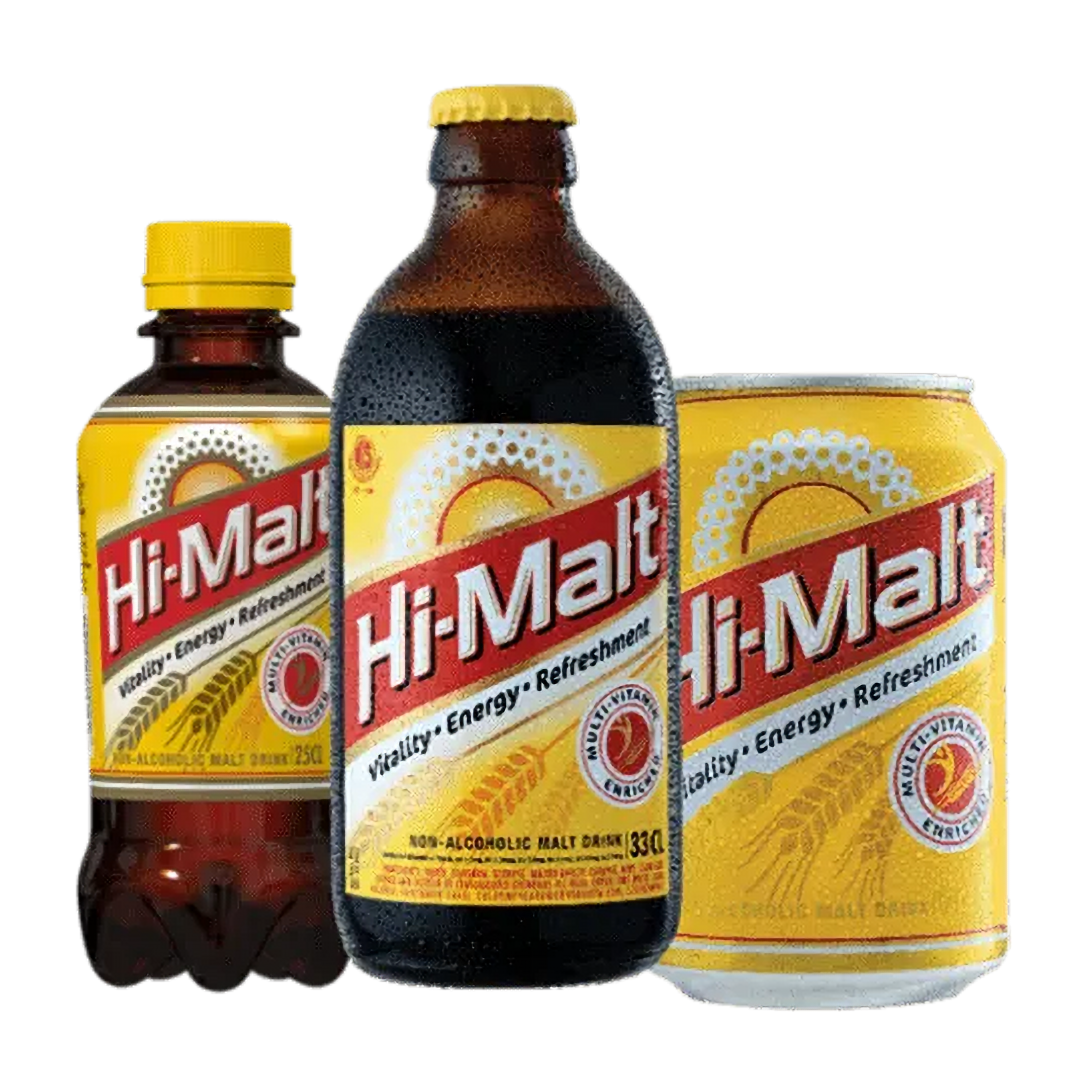 Hi malt non-alcoholic soft drink in a bottle, can, and a plastic bottle
