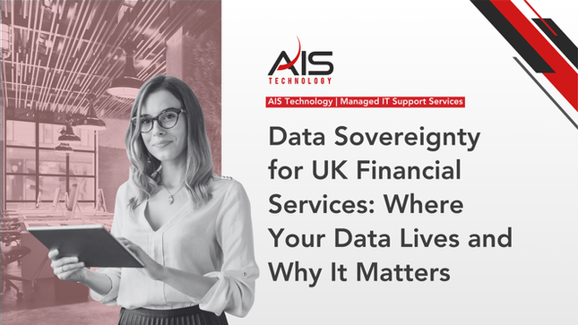 Woman holding a tablet in a modern office beside AIS Technology text: Data Sovereignty for UK Financial Services.