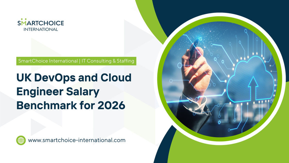 Hand interacting with cloud graphic on a tech-themed banner. Text: "UK DevOps and Cloud Engineer Salary Benchmark for 2026."