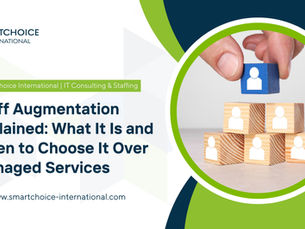 Staff Augmentation concept with hand stacking blocks. Text: "Staff Augmentation Explained: What It Is and When to Choose It Over Managed Services."