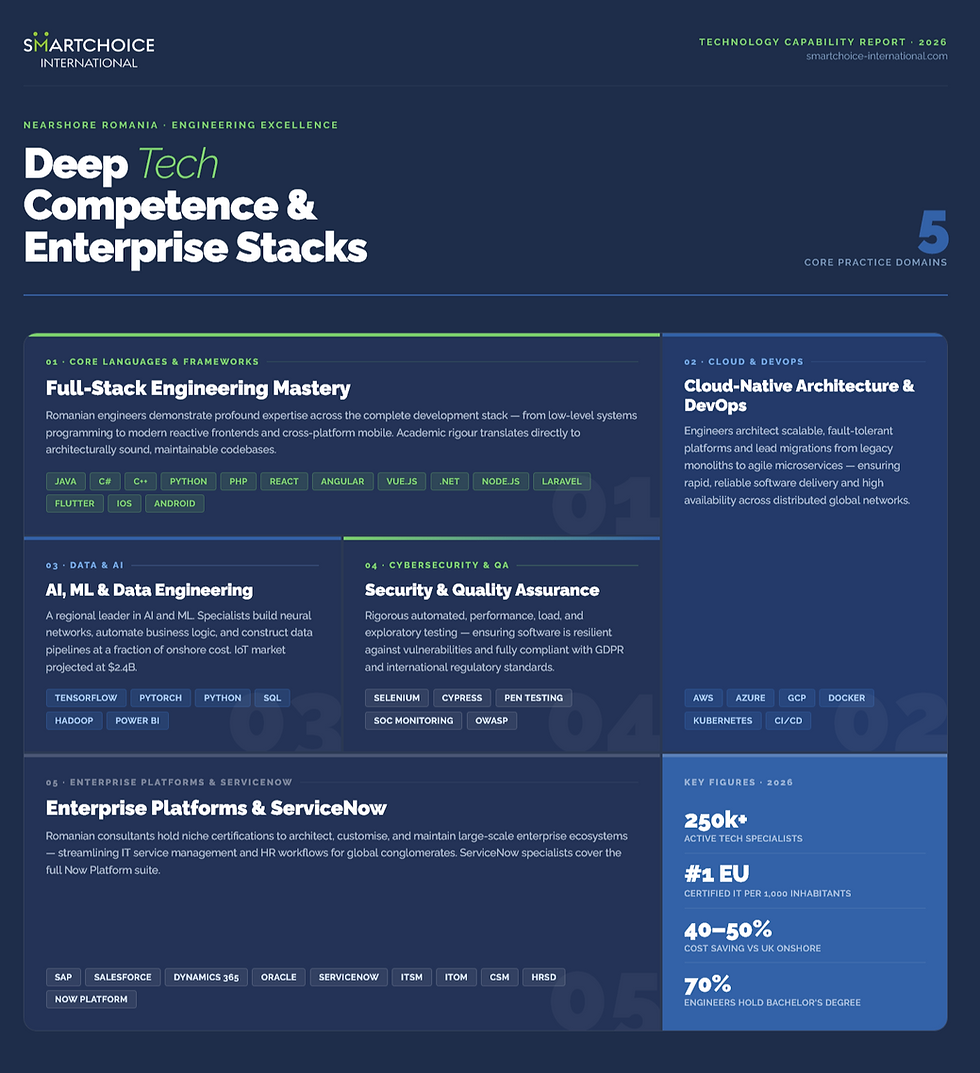 Infographic detailing "Deep Tech Competence & Enterprise Stacks" by SmartChoice International, highlighting five core practice domains in software engineering.