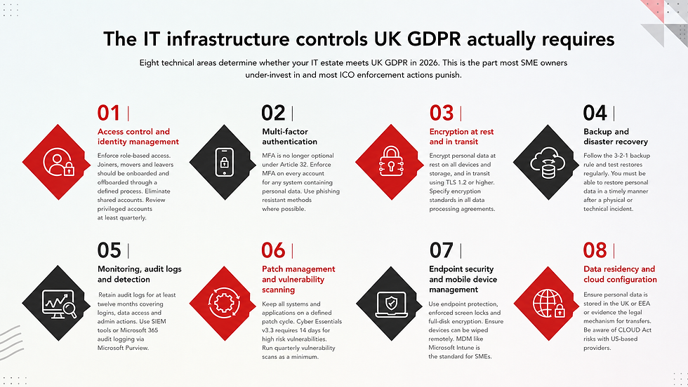 Infographic titled "The IT infrastructure controls UK GDPR requires." Lists 8 areas like access control, MFA, encryption, backup, with icons.