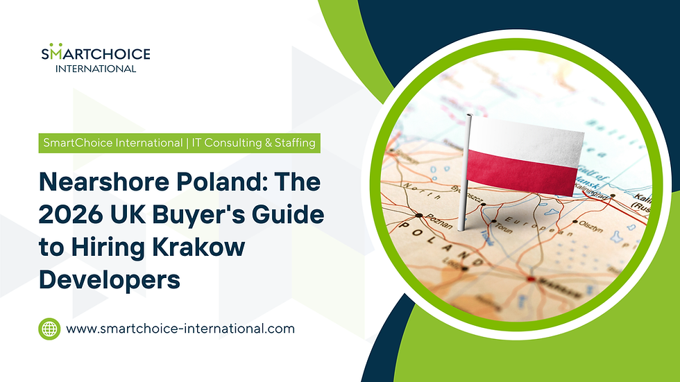 SmartChoice International blog cover with Polish flag on map and text: Nearshore Poland: The 2026 UK Buyer's Guide to Hiring Krakow Developers
