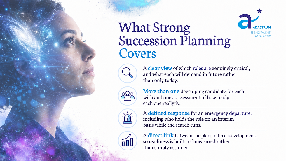 Infographic of a woman in cosmic profile beside the title What Strong Succession Planning Covers and Adastrum logo.