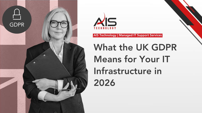 A person in a suit holds a clipboard, standing against a red and pink background. Text reads: "What the UK GDPR Means for Your IT Infrastructure in 2026."